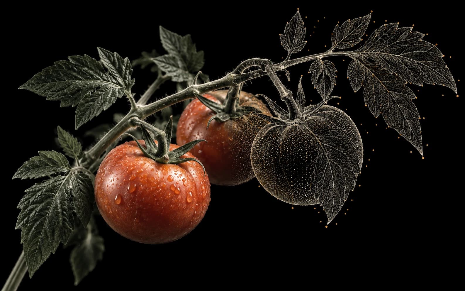 Tomatoes on a leafy branch transition from photographic detail into fine contours on a black background.