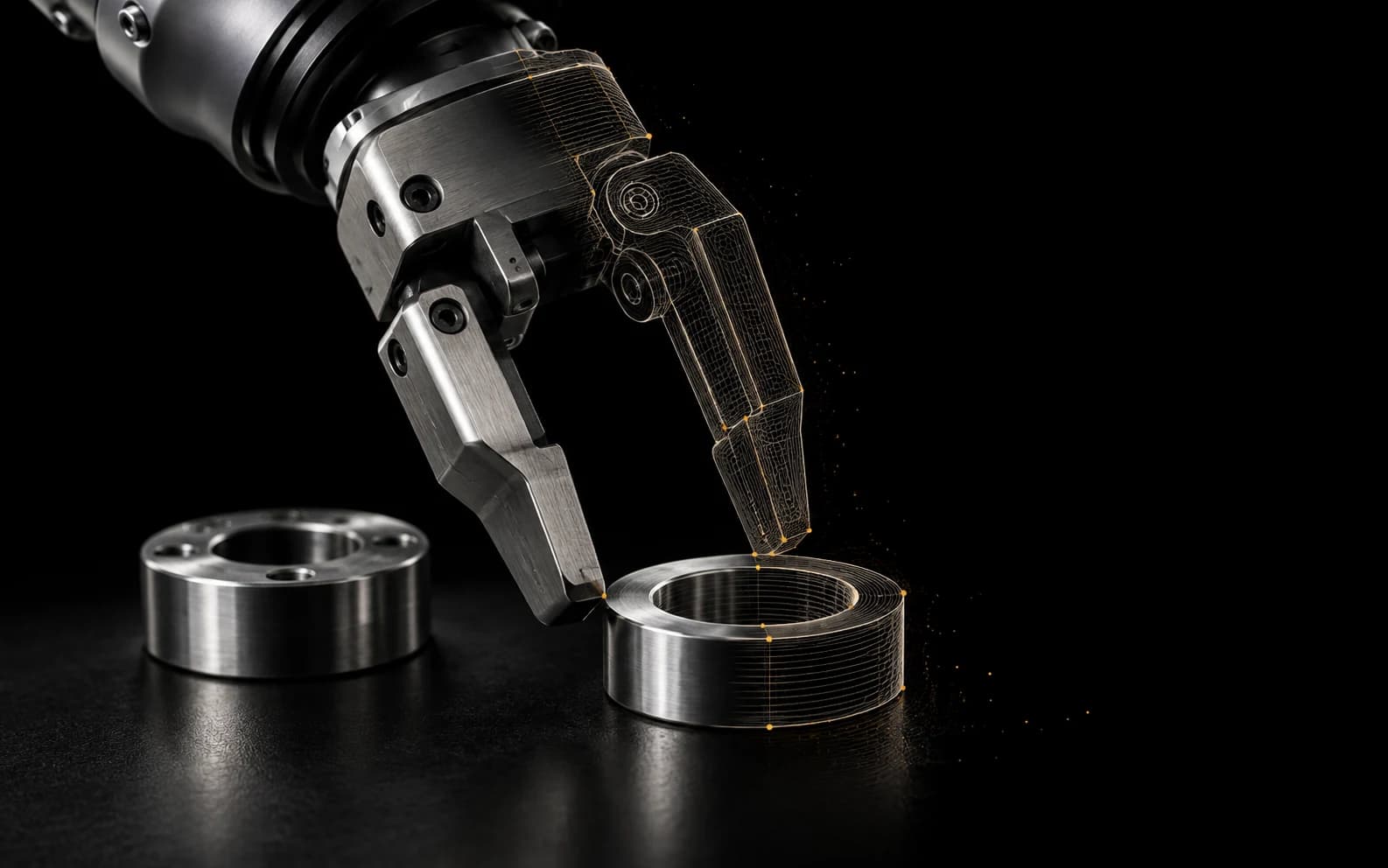 An industrial gripper and machined metal rings transition from photographic detail into fine outlines.